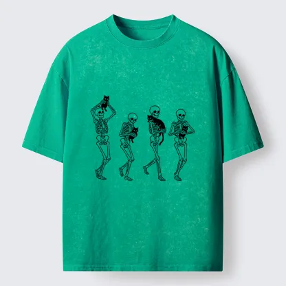 Tokyo‑Tiger Funny Skeleton Cat Meme Washed T‑Shirt
