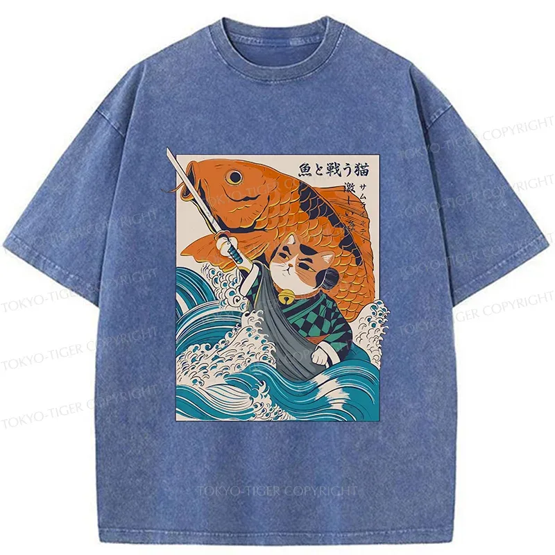 Tokyo-Tiger Samurai Cat And Goldfish Washed T-Shirt