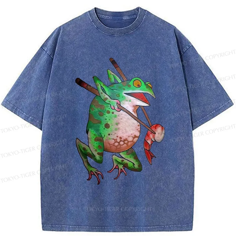 Tokyo-Tiger Funny Frog Picking Up Shrimp Washed T-Shirt Sale