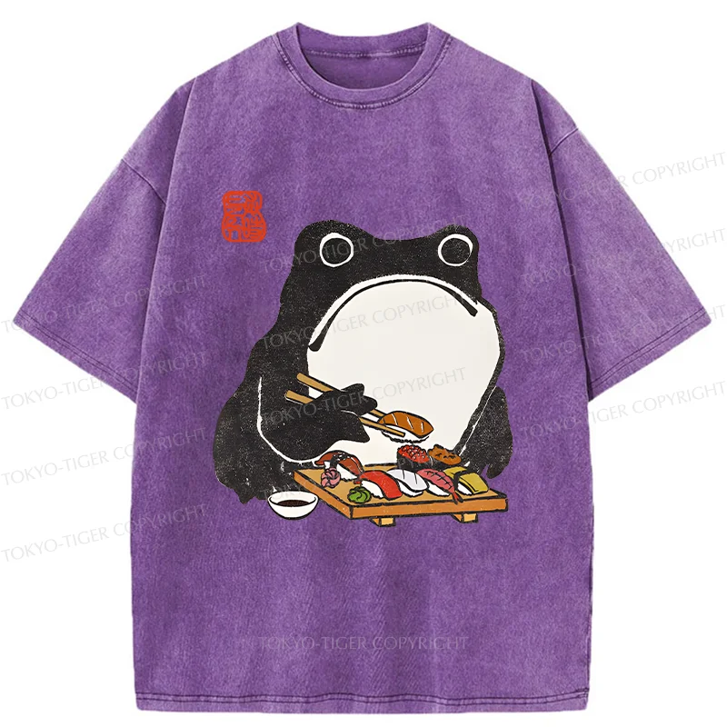 Tokyo-Tiger Frog Eating Sushi Washed T-Shirt
