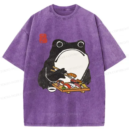 Tokyo-Tiger Frog Eating Sushi Washed T-Shirt