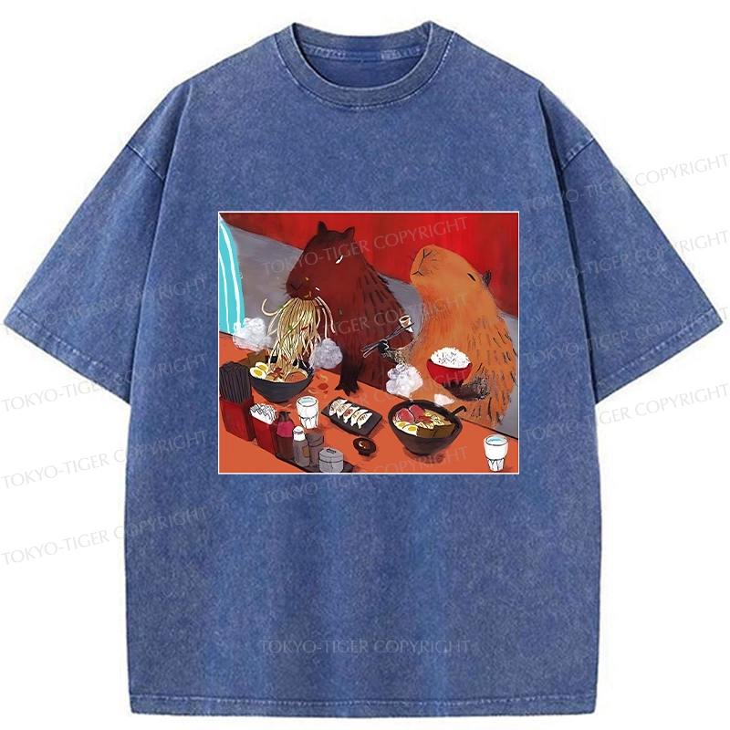 Tokyo-Tiger Ramen Lovers Capybara Funny Washed T-Shirt