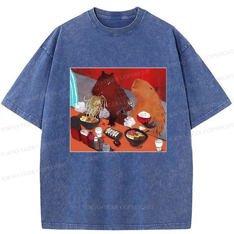 Tokyo-Tiger Ramen Lovers Capybara Funny Washed T-Shirt