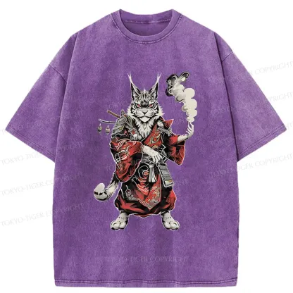 Tokyo-Tiger Fierce Cat Japanese Samurai Washed T-Shirt