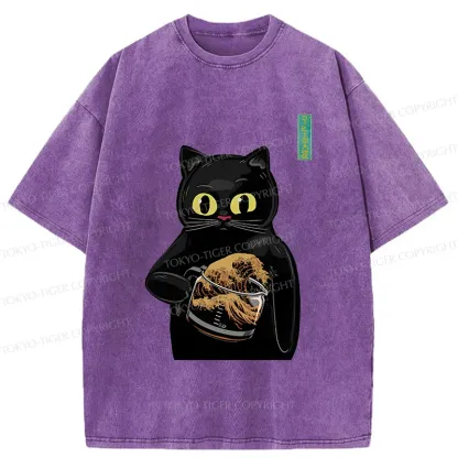Tokyo-Tiger Black Cat Holding Coffee Washed T-Shirt