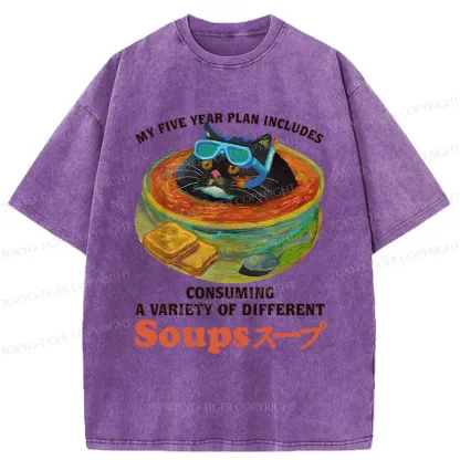 Tokyo-Tiger Cat Drinking Soup Washed T-Shirt