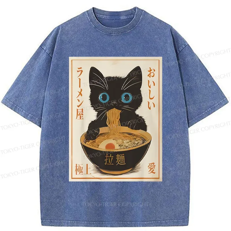 Tokyo-Tiger Vintage Cat Eating Ramen Washed T-Shirt