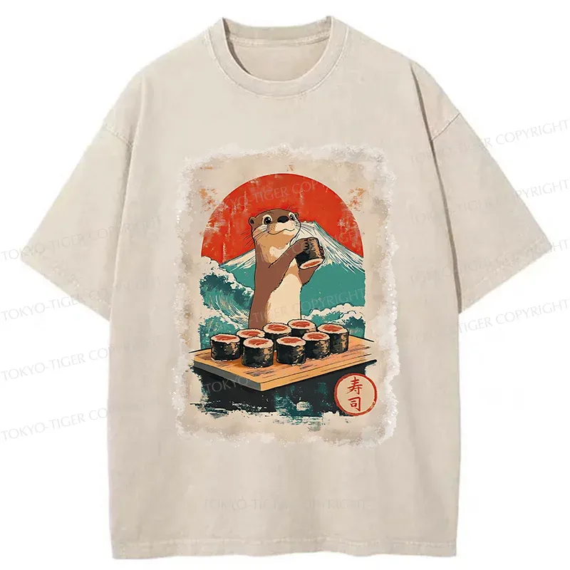 Tokyo-Tiger Otter Eating Sushi Washed T-Shirt