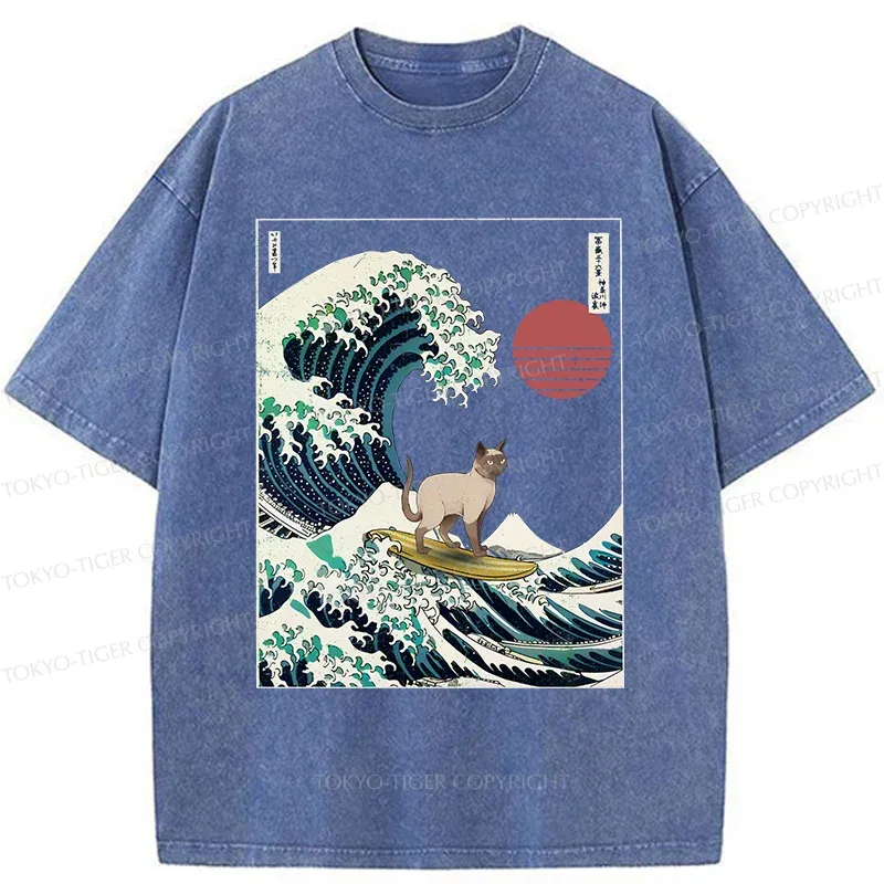 Tokyo-Tiger Siamese Cat Surfing Washed T-Shirt