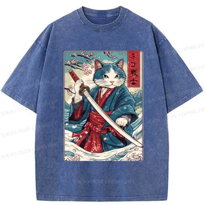 Tokyo-Tiger Japanese Cat Samurai Washed T-Shirt