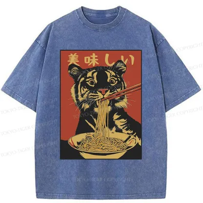 Tokyo-Tiger Tiger Eating Delicious Ramen Washed T-Shirt