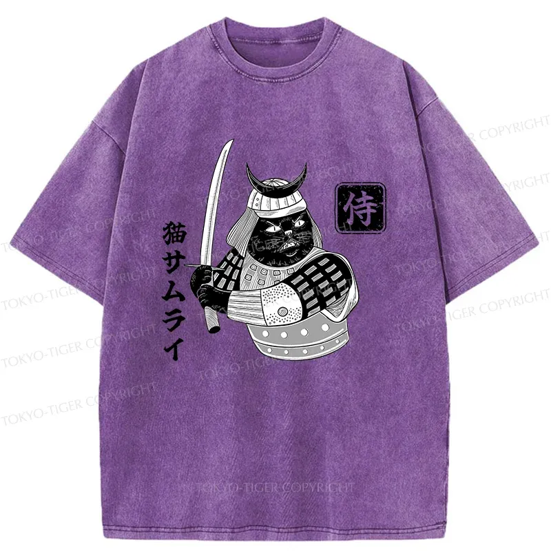 Tokyo-Tiger Cat Samurai With Sword Washed T-Shirt