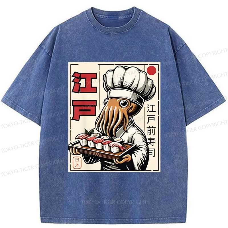Tokyo-Tiger Octopus Chef Making Sushi Washed T-Shirt