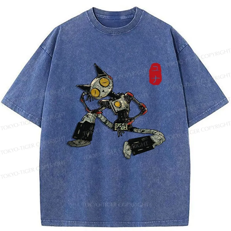 Tokyo-Tiger Contemplative Robot Cat Washed T-Shirt