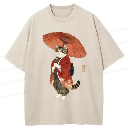 Tokyo-Tiger Elegant Cat Holding Umbrella Washed T-Shirt