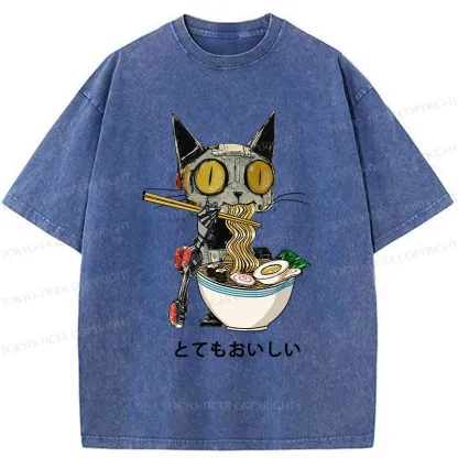 Tokyo-Tiger Ramen Lover Robot Cat Washed T-Shirt