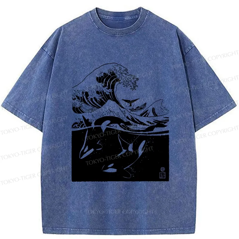 Tokyo-Tiger Whales In The Great Waves Washed T-Shirt