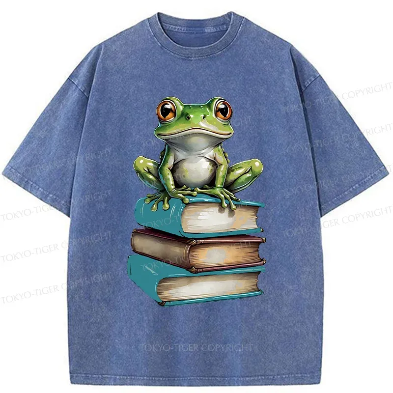 Tokyo-Tiger Frog On The Bookshelf Washed T-Shirt