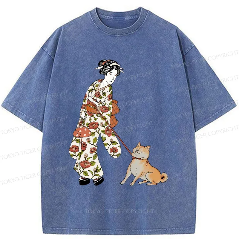 Tokyo-Tiger Geisha Walking Her Dog Washed T-Shirt