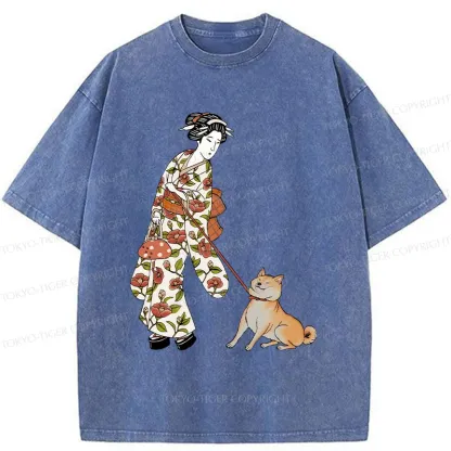 Tokyo-Tiger Geisha Walking Her Dog Washed T-Shirt