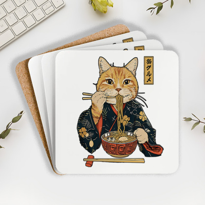 Tokyo-Tiger Elegant Cat Eating Ramen Coaster