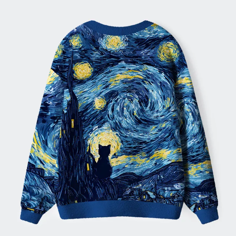 Tokyo-Tiger Cat Under The Stars Ugly Cardigan Sweater