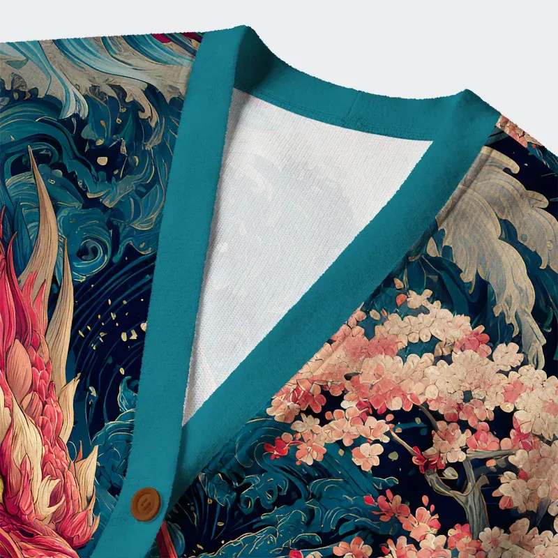 Tokyo-Tiger Red Dragon Ukiyo-e Ugly Cardigan Sweater