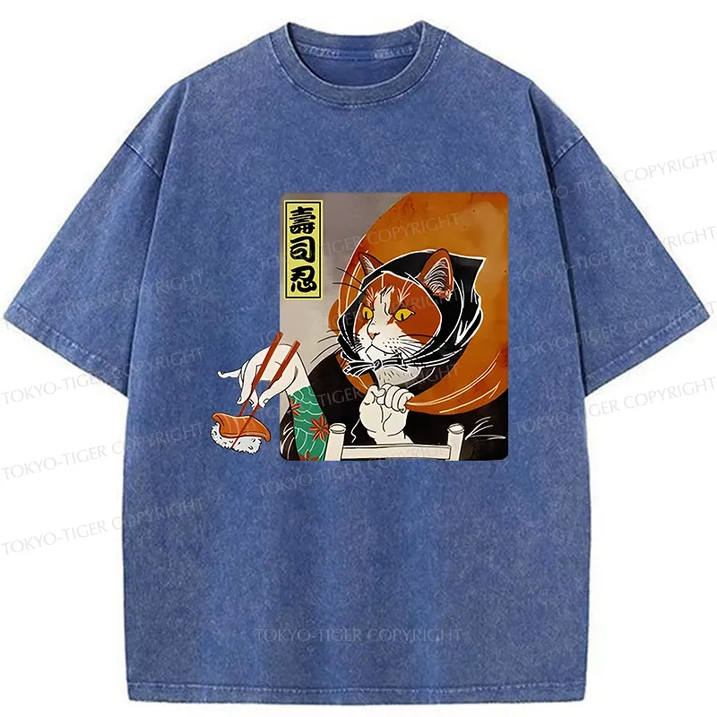 Tokyo-Tiger Sushi Ninja Cat Washed T-Shirt