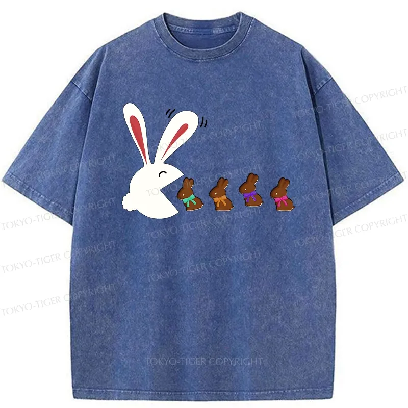 Tokyo-Tiger Funny Eating Chocolate Bunny Washed T-Shirt