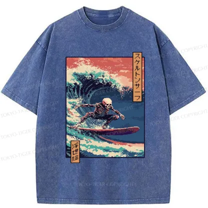 Tokyo-Tiger Skeleton Surfing Washed T-Shirt