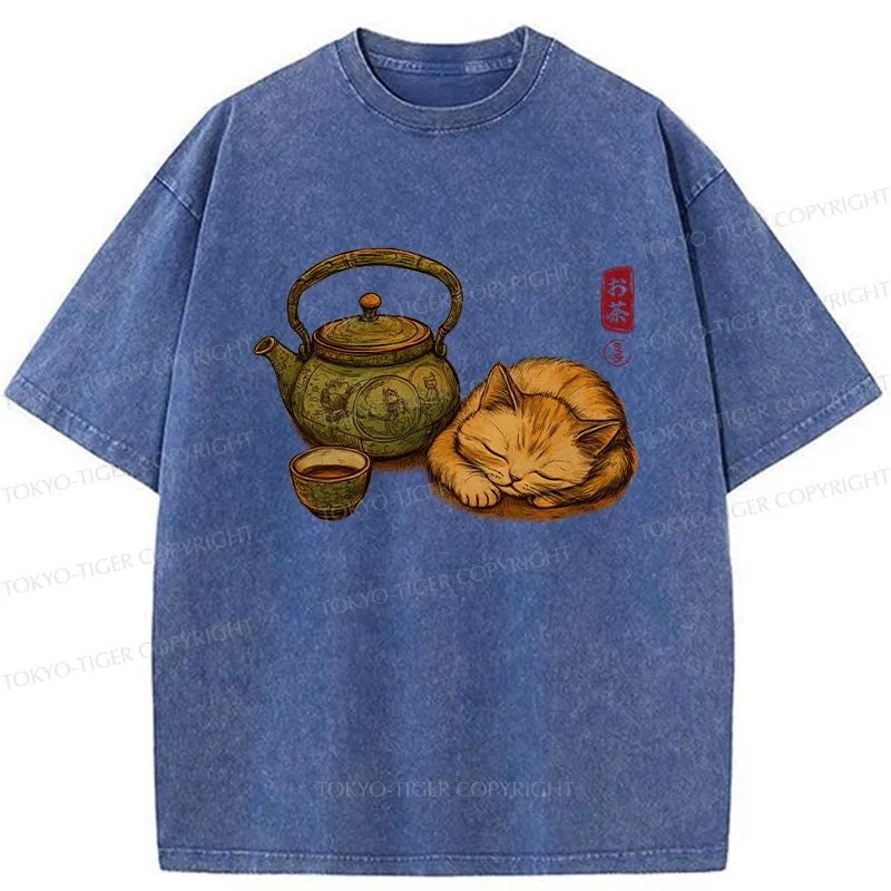 Tokyo-Tiger Tea Ceremony With Cat Washed T-Shirt