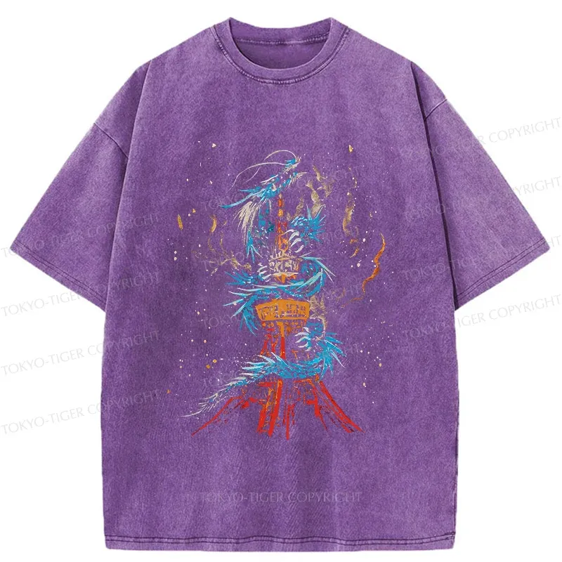 Tokyo-Tiger Dragon And Tokyo Tower Washed T-Shirt