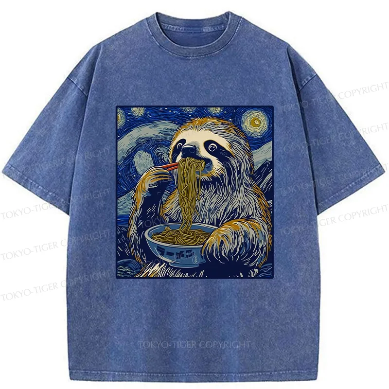 Tokyo-Tiger Ramen Lover Cute Sloth Washed T-Shirt