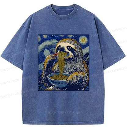 Tokyo-Tiger Ramen Lover Cute Sloth Washed T-Shirt
