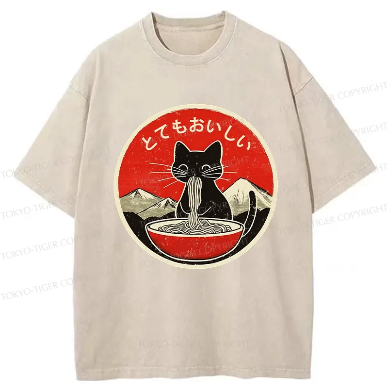Tokyo-Tiger Cat Eating Yummy Ramen Washed T-Shirt