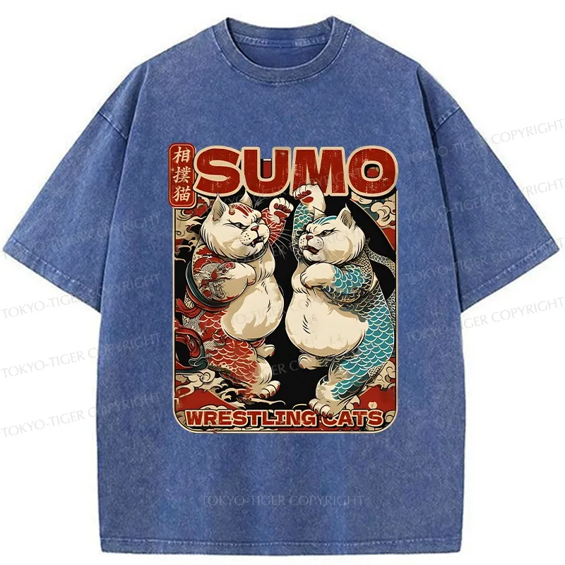 Tokyo-Tiger Wrestling Sumo Cats Washed T-Shirt