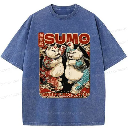 Tokyo-Tiger Wrestling Sumo Cats Washed T-Shirt