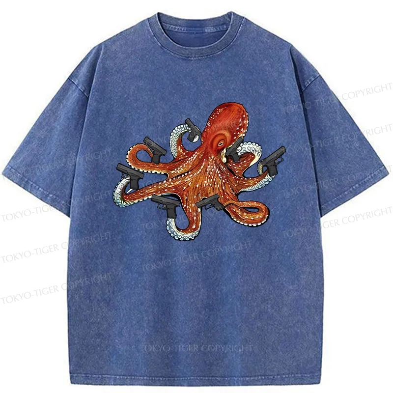 Tokyo-Tiger Funny Octopus With Guns Washed T-Shirt