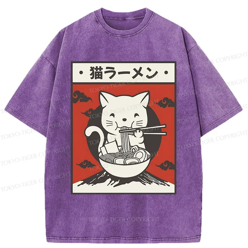 Tokyo-Tiger Retro White Cat Eating Ramen Washed T-Shirt