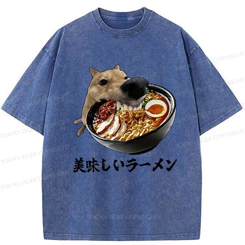 Tokyo-Tiger Funny Ramen Lover Dog Washed T-Shirt