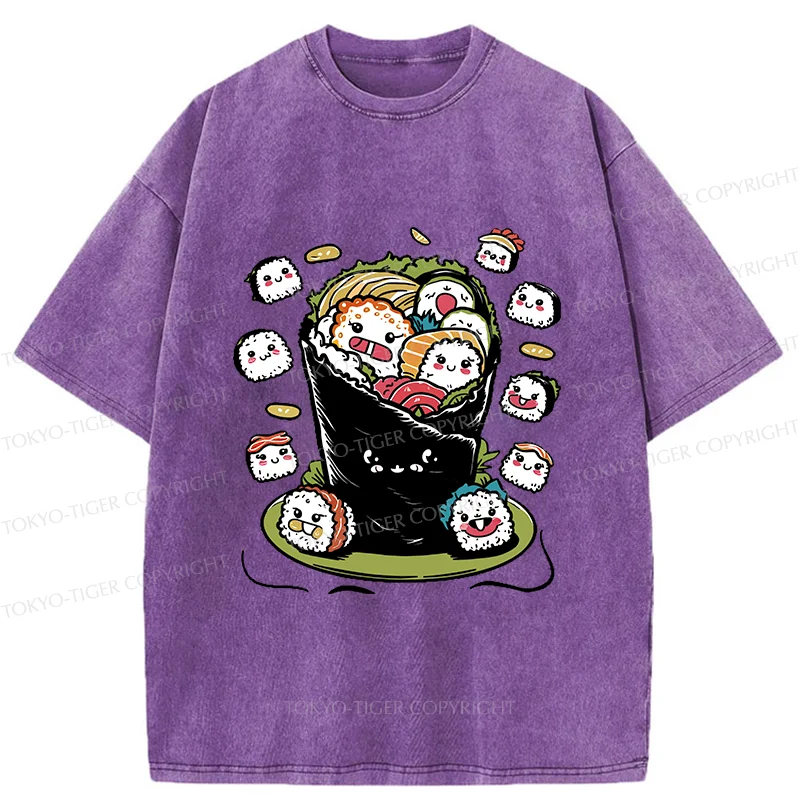 Tokyo-Tiger Sushi Burrito Funny Washed T-Shirt