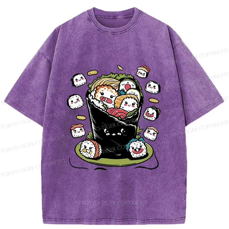 Tokyo-Tiger Sushi Burrito Funny Washed T-Shirt