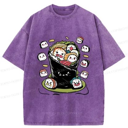 Tokyo-Tiger Sushi Burrito Funny Washed T-Shirt