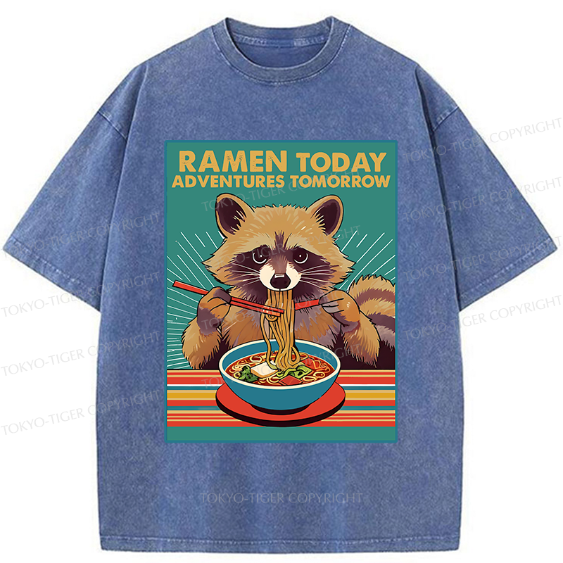 Tokyo-Tiger Raccoon Eating Ramen Washed T-Shirt