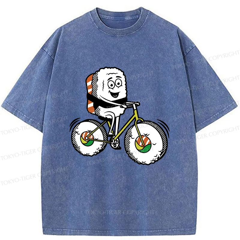 Tokyo-Tiger Cute Sushi Riding A Bicycle Washed T-Shirt