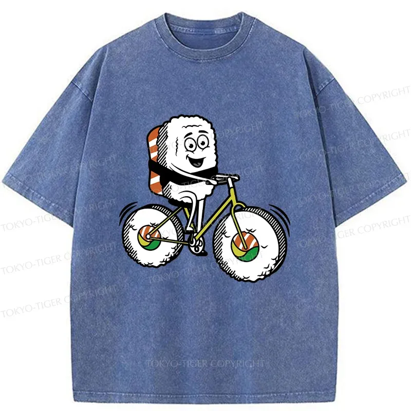 Tokyo-Tiger Cute Sushi Riding A Bicycle Washed T-Shirt