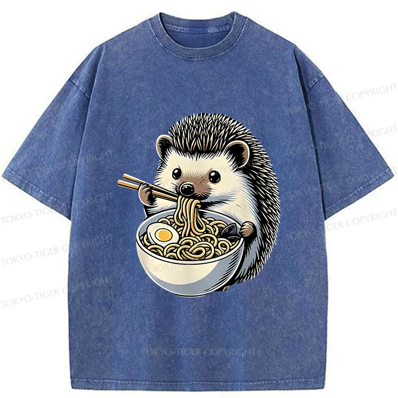 Tokyo-Tiger Hedgehog Eat Ramen Kawaii Washed T-Shirt