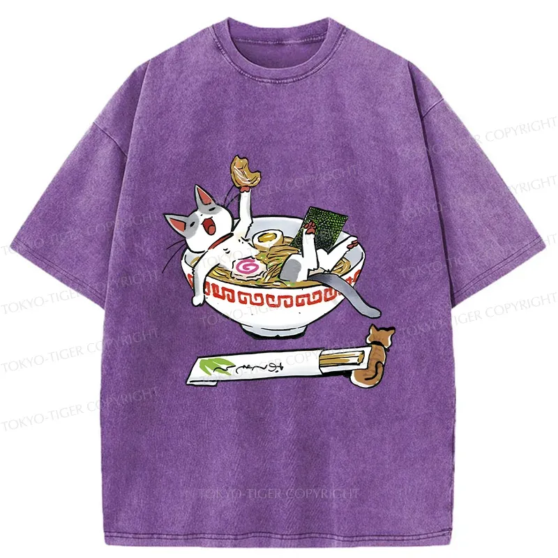 Tokyo-Tiger Cute Cat Ramen Washed T-Shirt