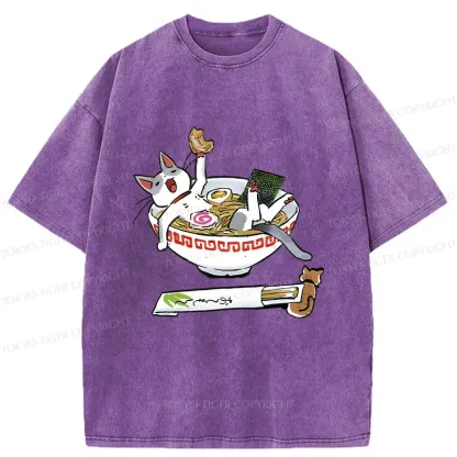 Tokyo-Tiger Cute Cat Ramen Washed T-Shirt