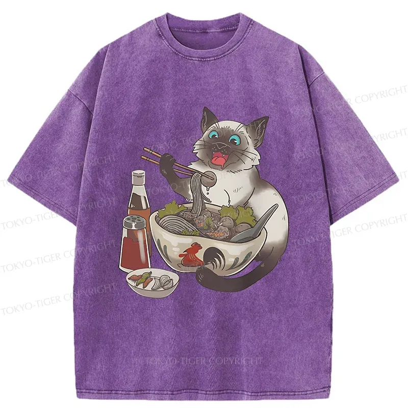 Tokyo-Tiger Siamese Cat Eating Ramen Washed T-Shirt